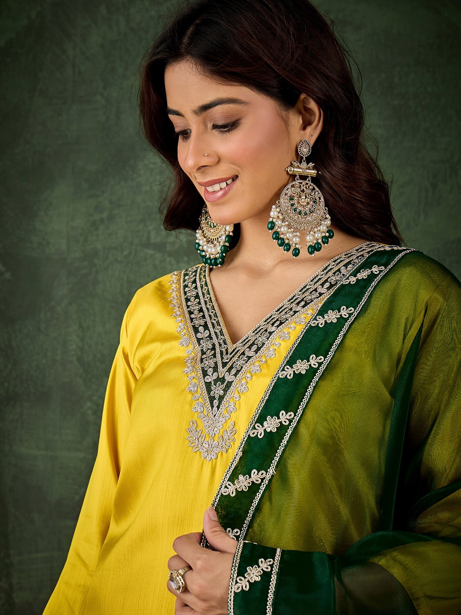 Saumya Women's Embroidered Silk Blend Calf Length Straight Kurta Trouser with Dupatta Set - FitVibe Fashion