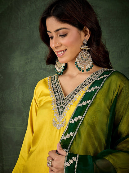 Saumya Women's Embroidered Silk Blend Calf Length Straight Kurta Trouser with Dupatta Set - FitVibe Fashion