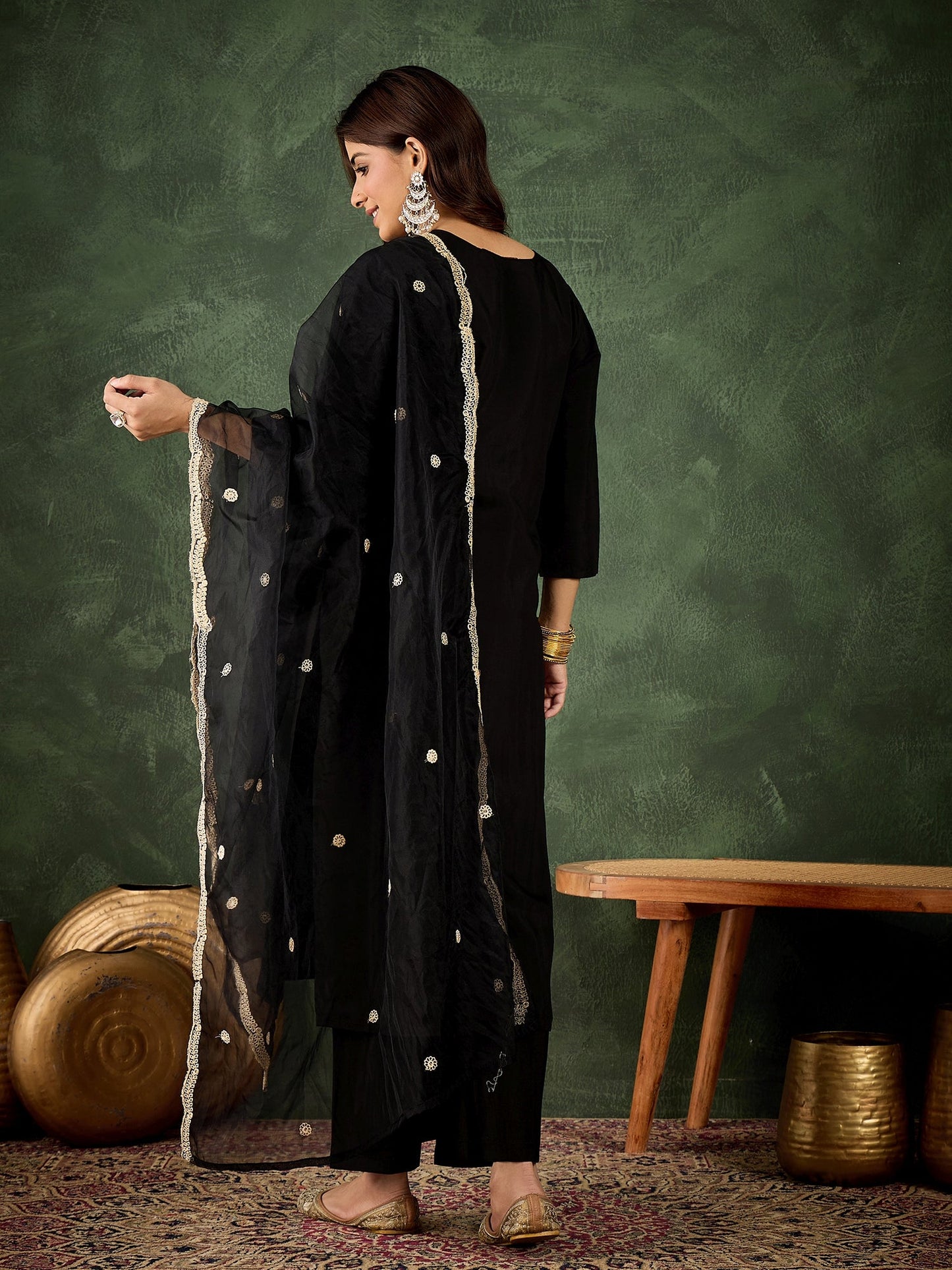 Zarika Women's Embroidered Silk Blend Calf Length Straight Kurta with Palazzo & Dupatta Set - FitVibe Fashion