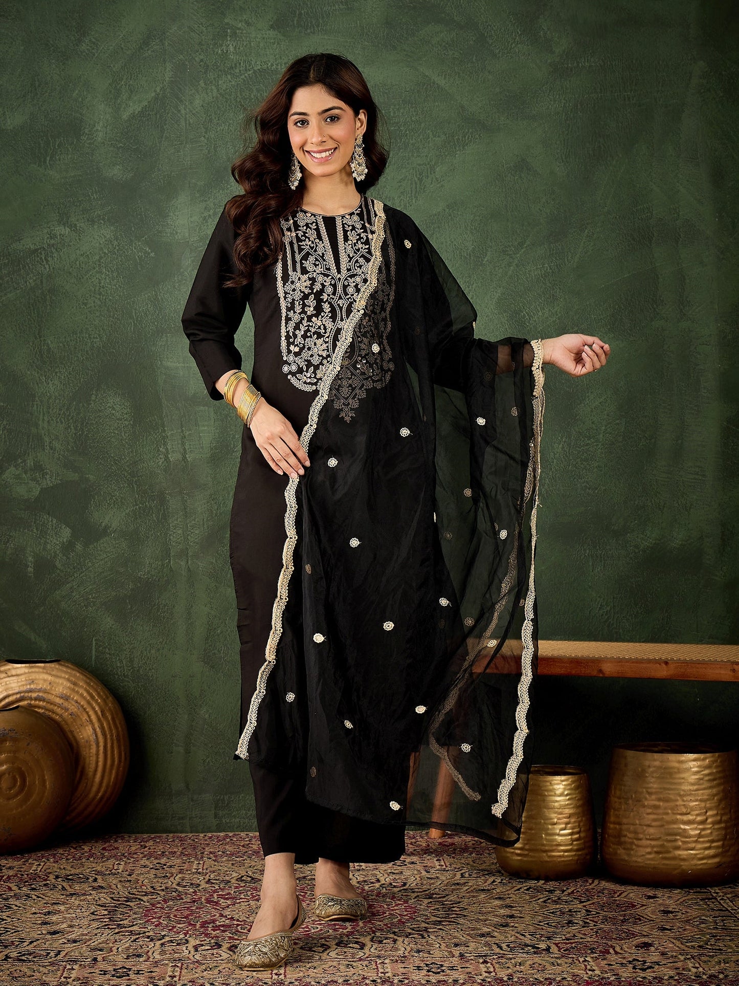 Zarika Women's Embroidered Silk Blend Calf Length Straight Kurta with Palazzo & Dupatta Set - FitVibe Fashion