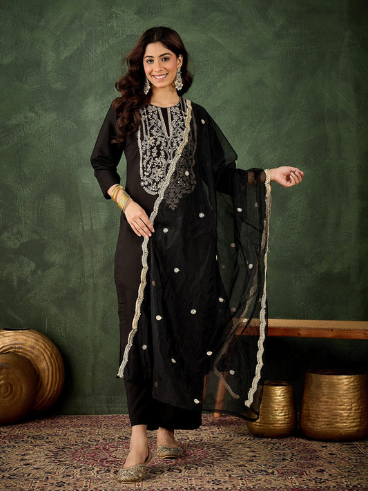 Zarika Women's Embroidered Silk Blend Calf Length Straight Kurta with Palazzo & Dupatta Set - FitVibe Fashion