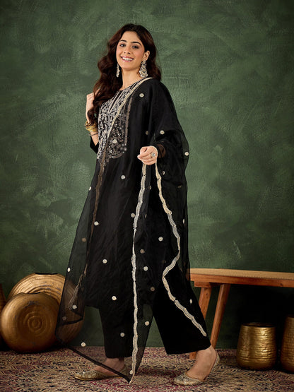 Zarika Women's Embroidered Silk Blend Calf Length Straight Kurta with Palazzo & Dupatta Set - FitVibe Fashion