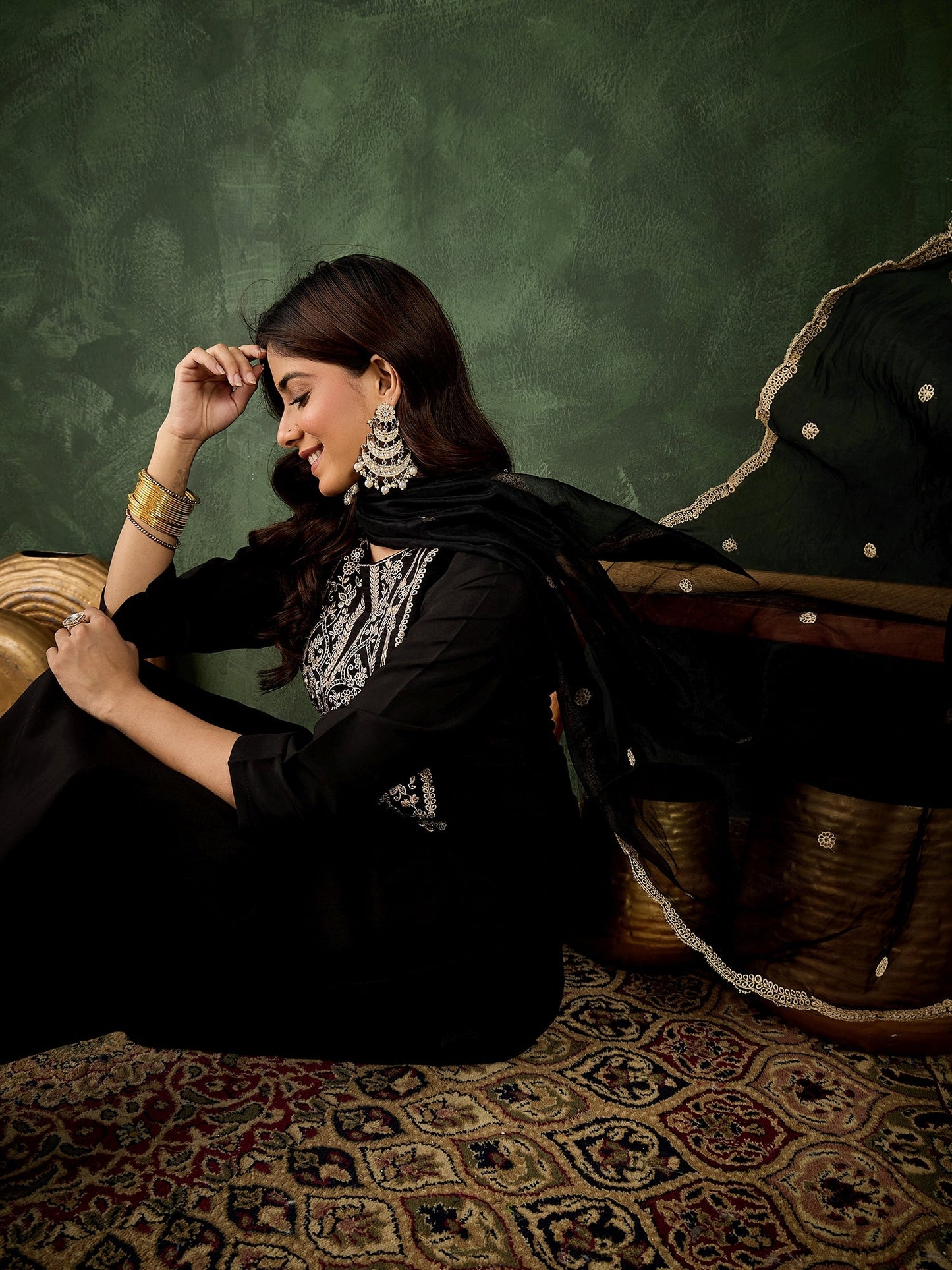 Zarika Women's Embroidered Silk Blend Calf Length Straight Kurta with Palazzo & Dupatta Set - FitVibe Fashion