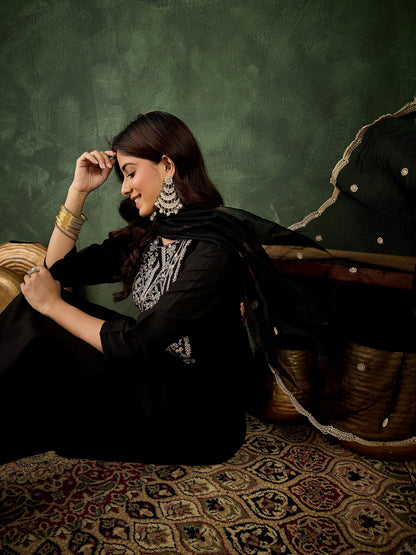 Zarika Women's Embroidered Silk Blend Calf Length Straight Kurta with Palazzo & Dupatta Set - FitVibe Fashion