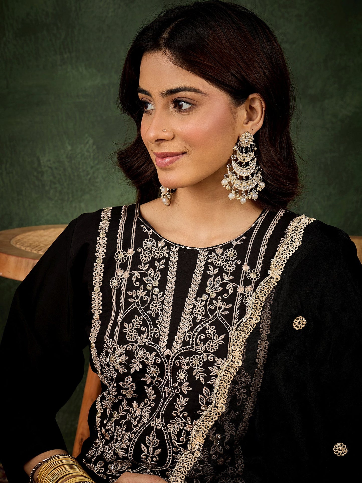 Zarika Women's Embroidered Silk Blend Calf Length Straight Kurta with Palazzo & Dupatta Set - FitVibe Fashion