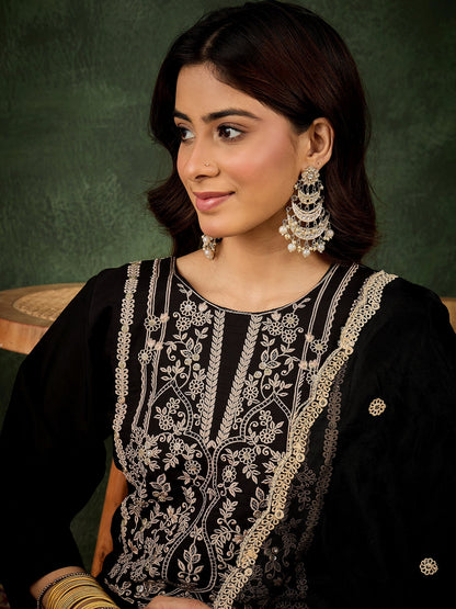 Zarika Women's Embroidered Silk Blend Calf Length Straight Kurta with Palazzo & Dupatta Set - FitVibe Fashion