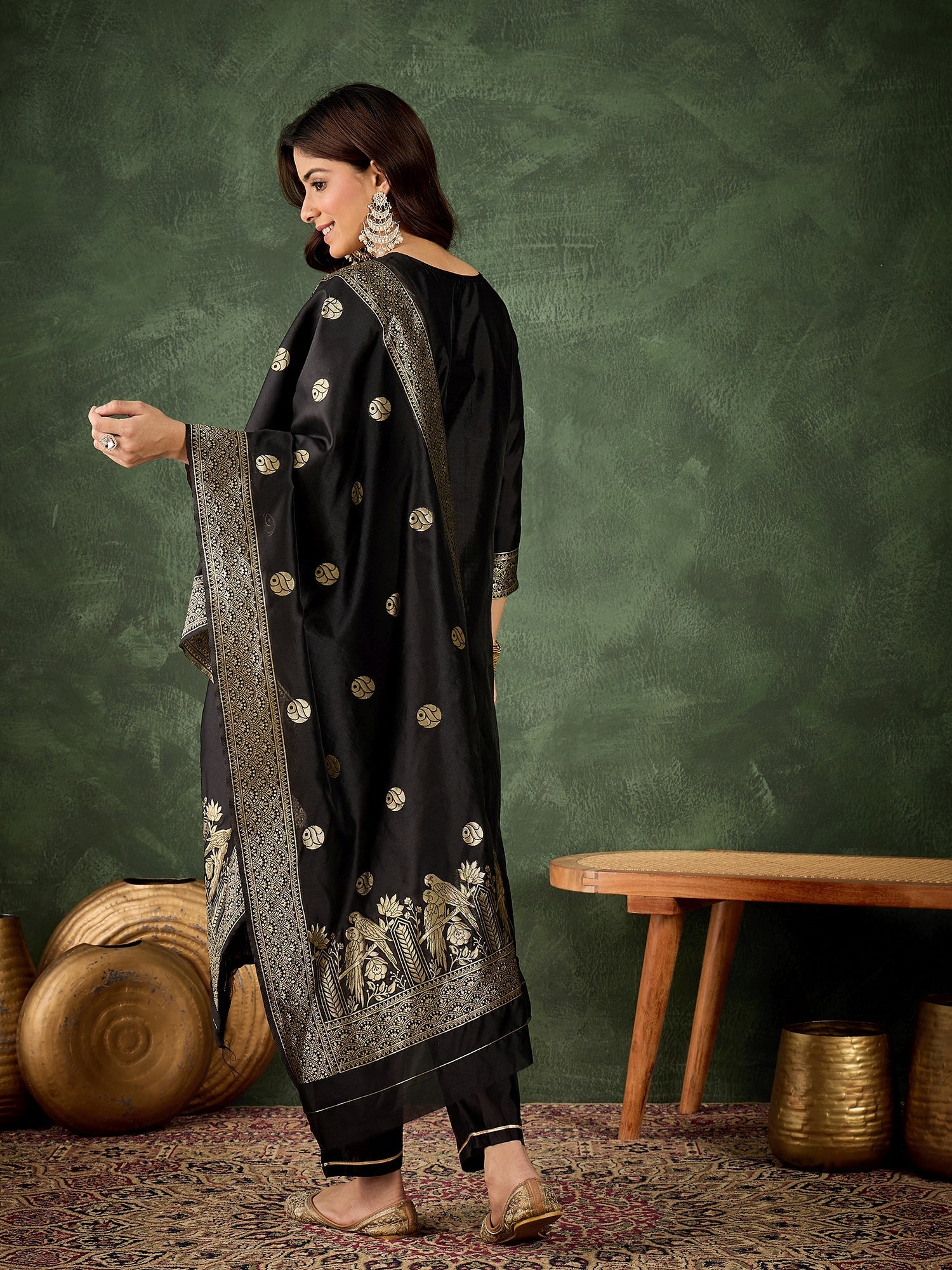 Roop Women's Silk Blend Banarasi Jacquard Zari Woven Straight Kurta Pant with Dupatta Set - FitVibe Fashion