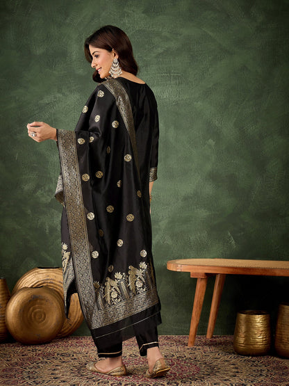 Roop Women's Silk Blend Banarasi Jacquard Zari Woven Straight Kurta Pant with Dupatta Set - FitVibe Fashion