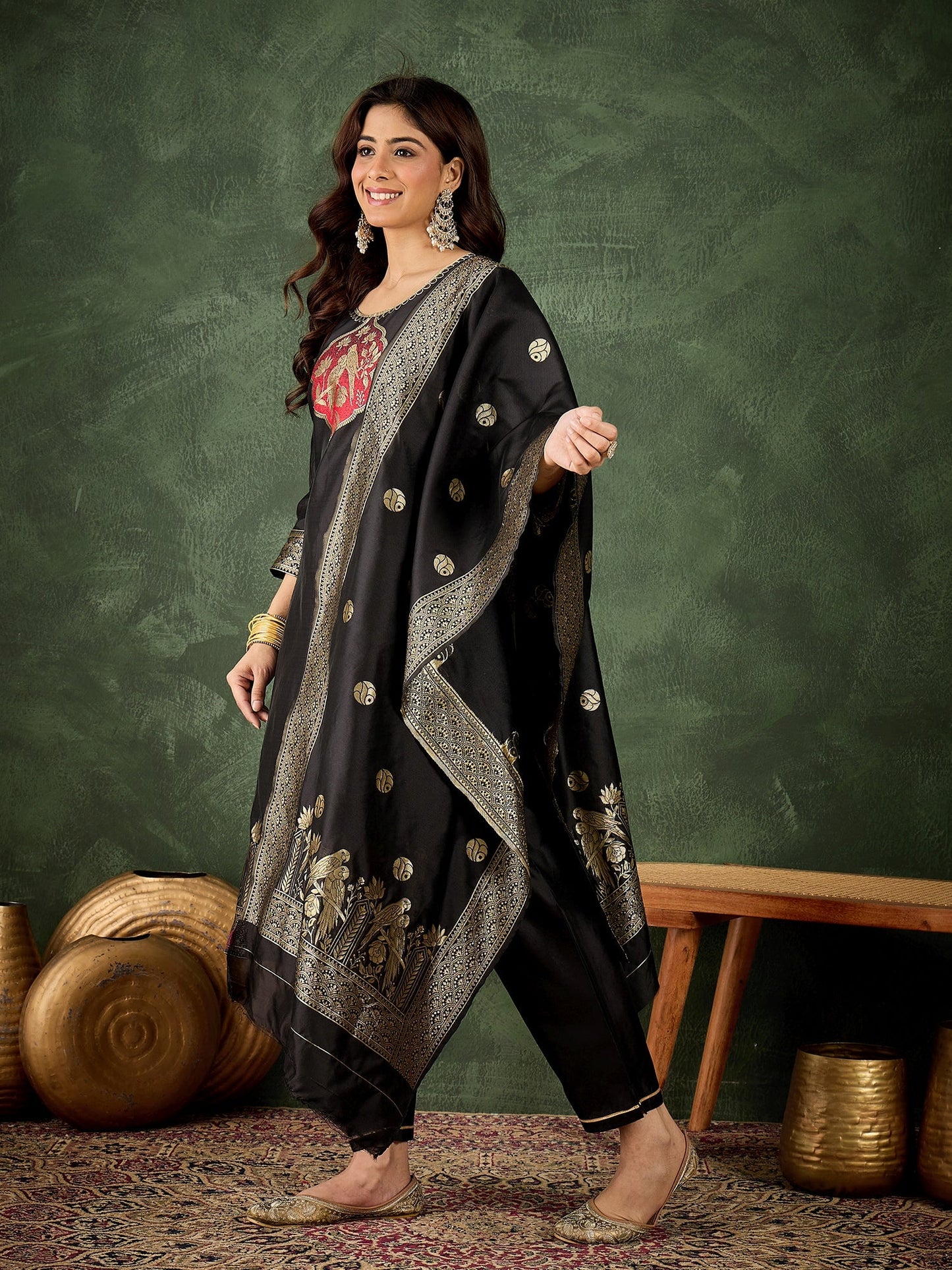 Roop Women's Silk Blend Banarasi Jacquard Zari Woven Straight Kurta Pant with Dupatta Set - FitVibe Fashion