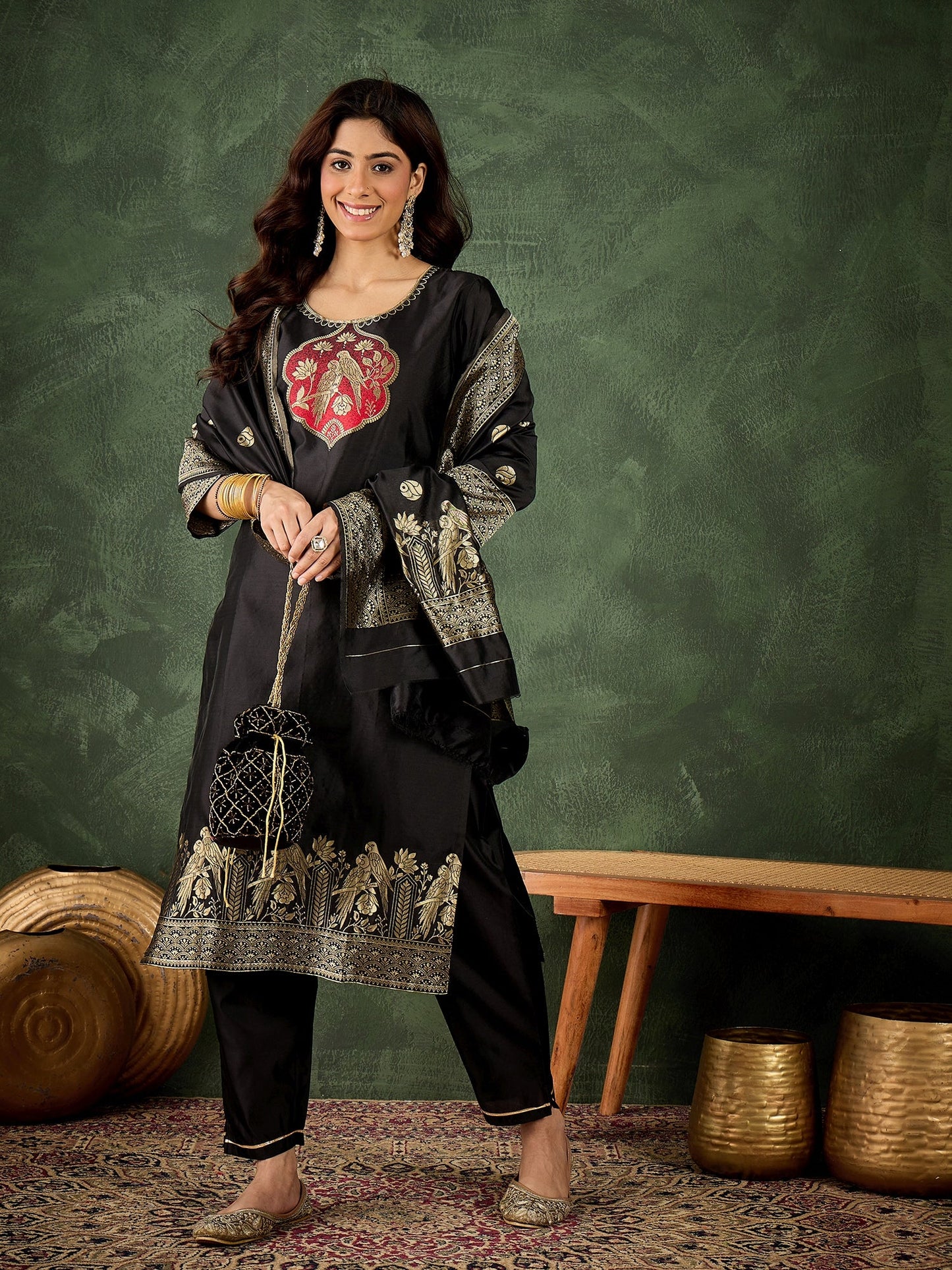 Roop Women's Silk Blend Banarasi Jacquard Zari Woven Straight Kurta Pant with Dupatta Set - FitVibe Fashion