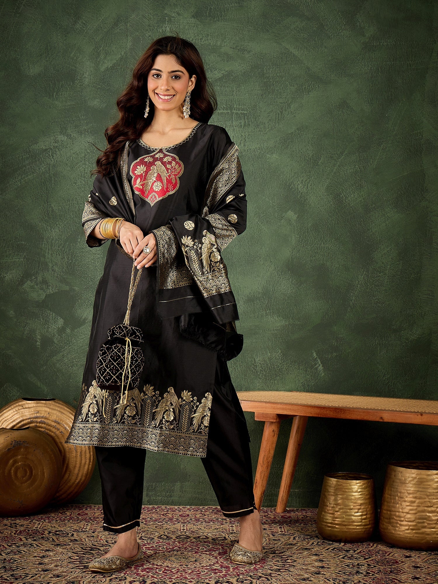 Roop Women's Silk Blend Banarasi Jacquard Zari Woven Straight Kurta Pant with Dupatta Set - FitVibe Fashion