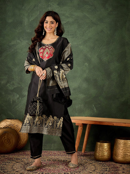 Roop Women's Silk Blend Banarasi Jacquard Zari Woven Straight Kurta Pant with Dupatta Set - FitVibe Fashion