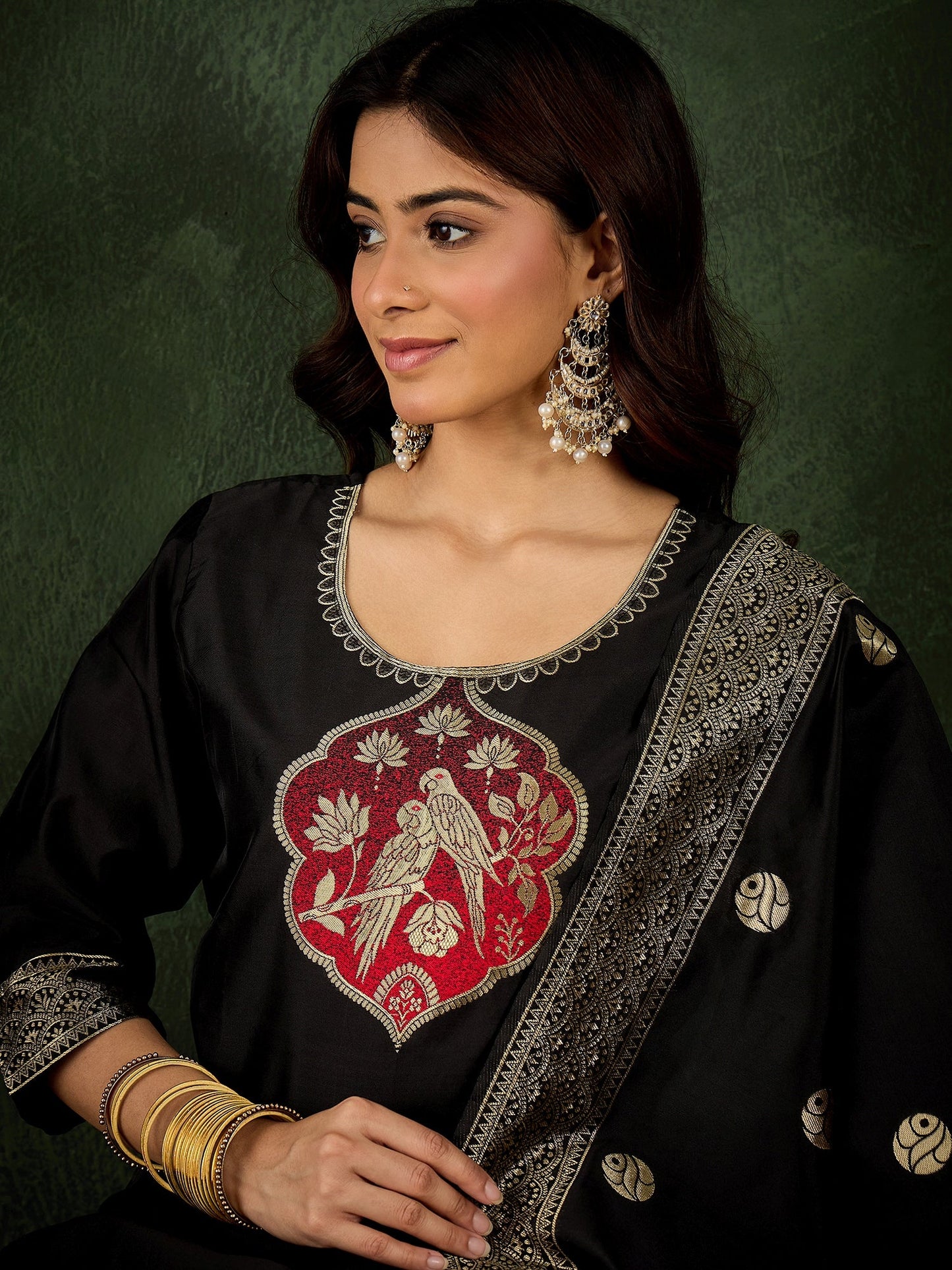 Roop Women's Silk Blend Banarasi Jacquard Zari Woven Straight Kurta Pant with Dupatta Set - FitVibe Fashion