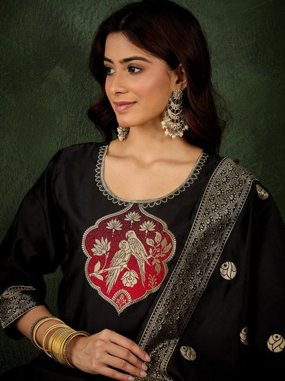 Roop Women's Silk Blend Banarasi Jacquard Zari Woven Straight Kurta Pant with Dupatta Set - FitVibe Fashion