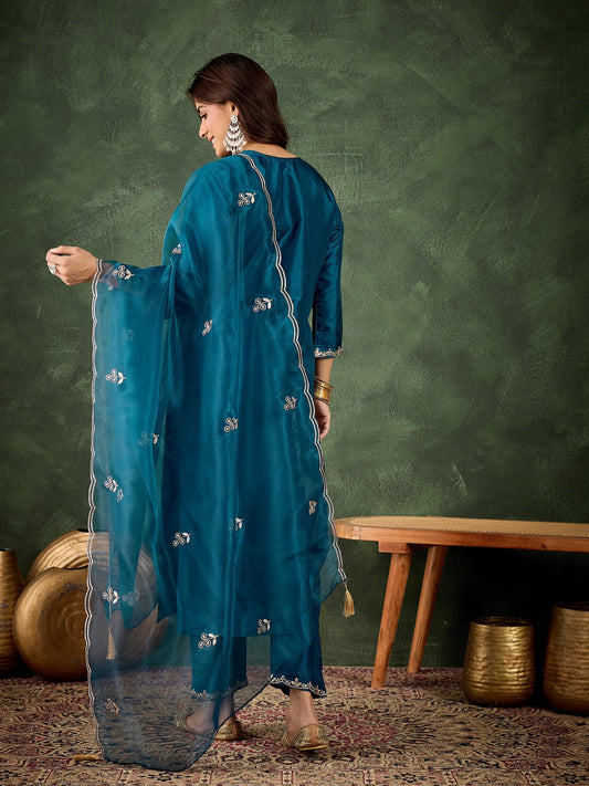 Riwaayat Women Kurta and Pant Dupatta Sets Silk Blend Fabrics with Embroidery - FitVibe Fashion