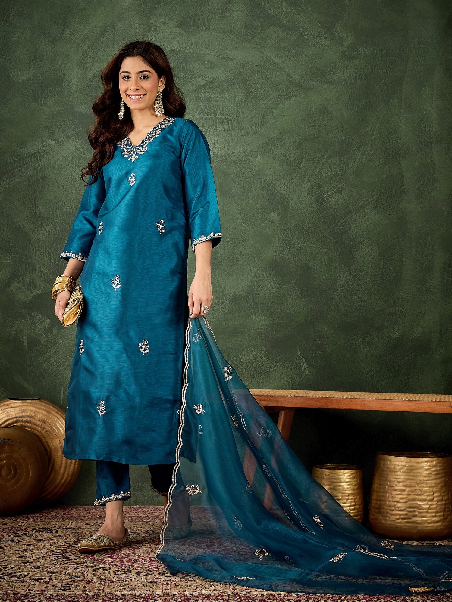 Riwaayat Women Kurta and Pant Dupatta Sets Silk Blend Fabrics with Embroidery - FitVibe Fashion