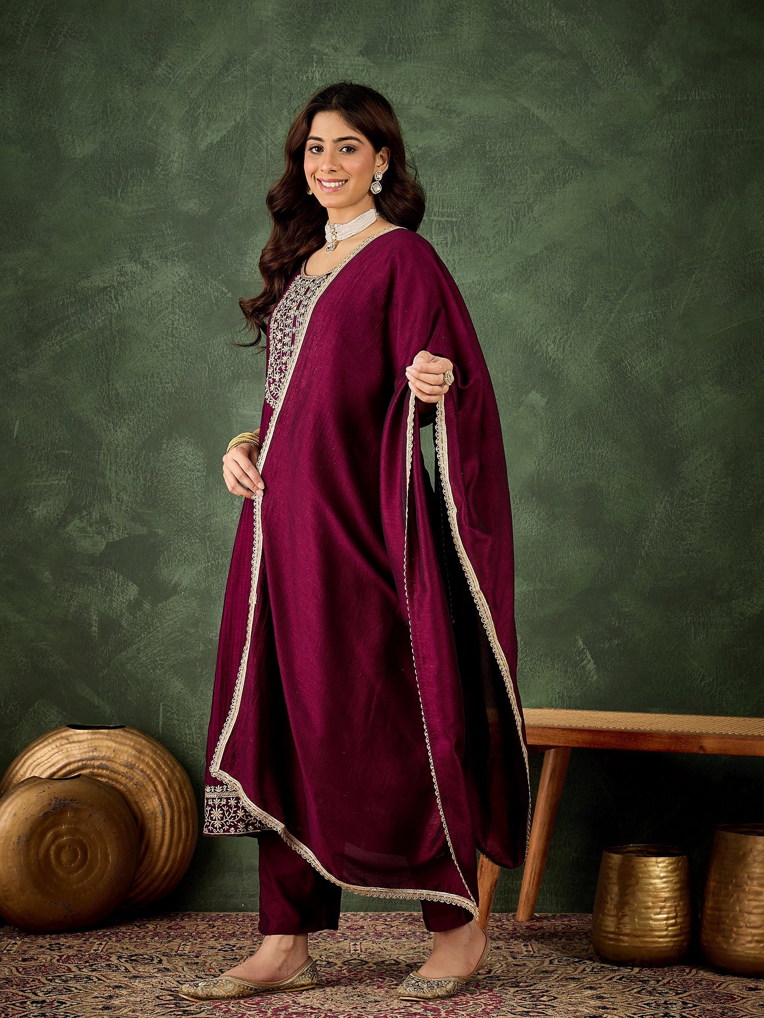 Ekaaya Women's Embroidered Silk Blend Anarkali Kurta Pant With Dupatta Set - FitVibe Fashion