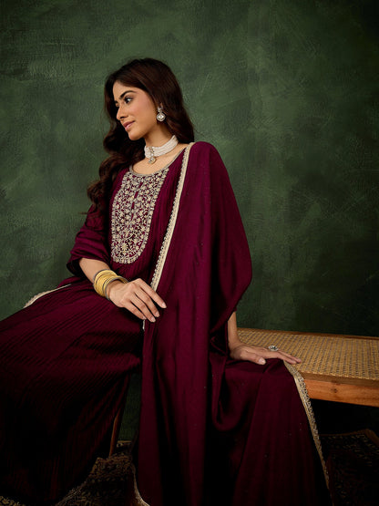 Ekaaya Women's Embroidered Silk Blend Anarkali Kurta Pant With Dupatta Set - FitVibe Fashion