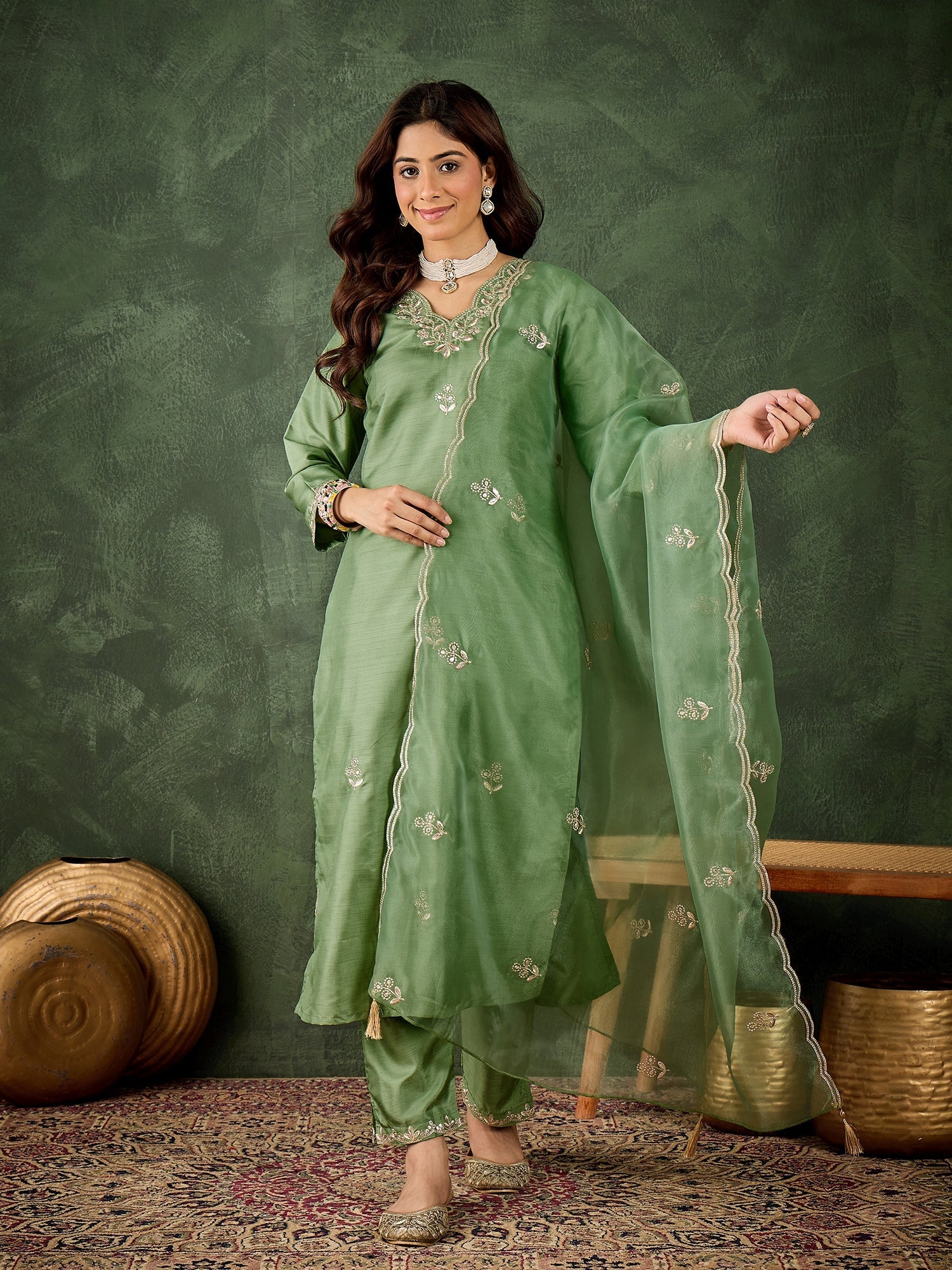 Riwaayat Women Kurta and Pant Dupatta Sets Silk Blend Fabrics with Embroidery - FitVibe Fashion