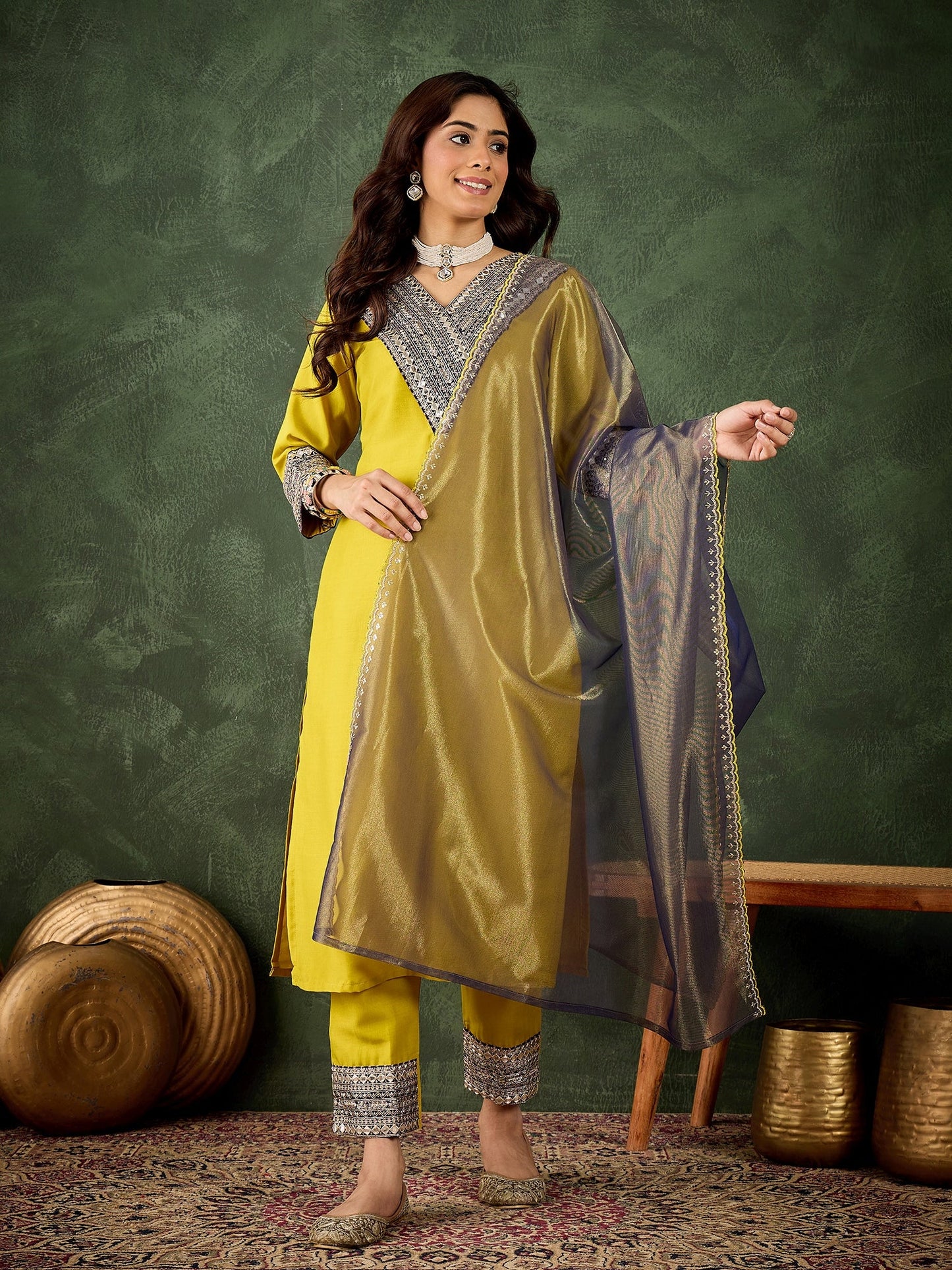 Rivaa Women's Embroidered Viscose Rayon Calf Length Straight Kurta Trouser with Dupatta Set - FitVibe Fashion