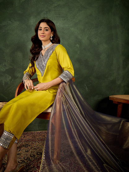 Rivaa Women's Embroidered Viscose Rayon Calf Length Straight Kurta Trouser with Dupatta Set - FitVibe Fashion