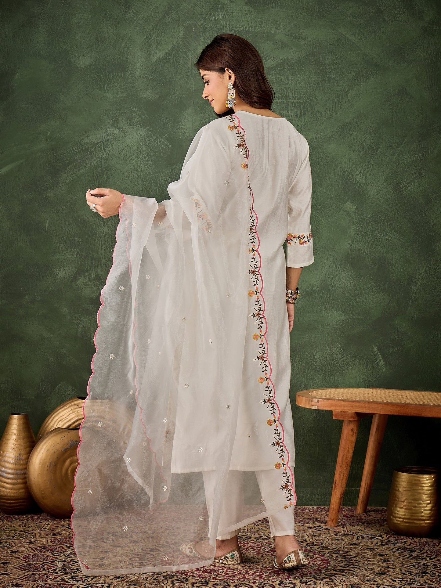 Malaika White Women Floral Embroidered Regular Kurta with Trousers & Dupatta Suit Sets - FitVibe Fashion