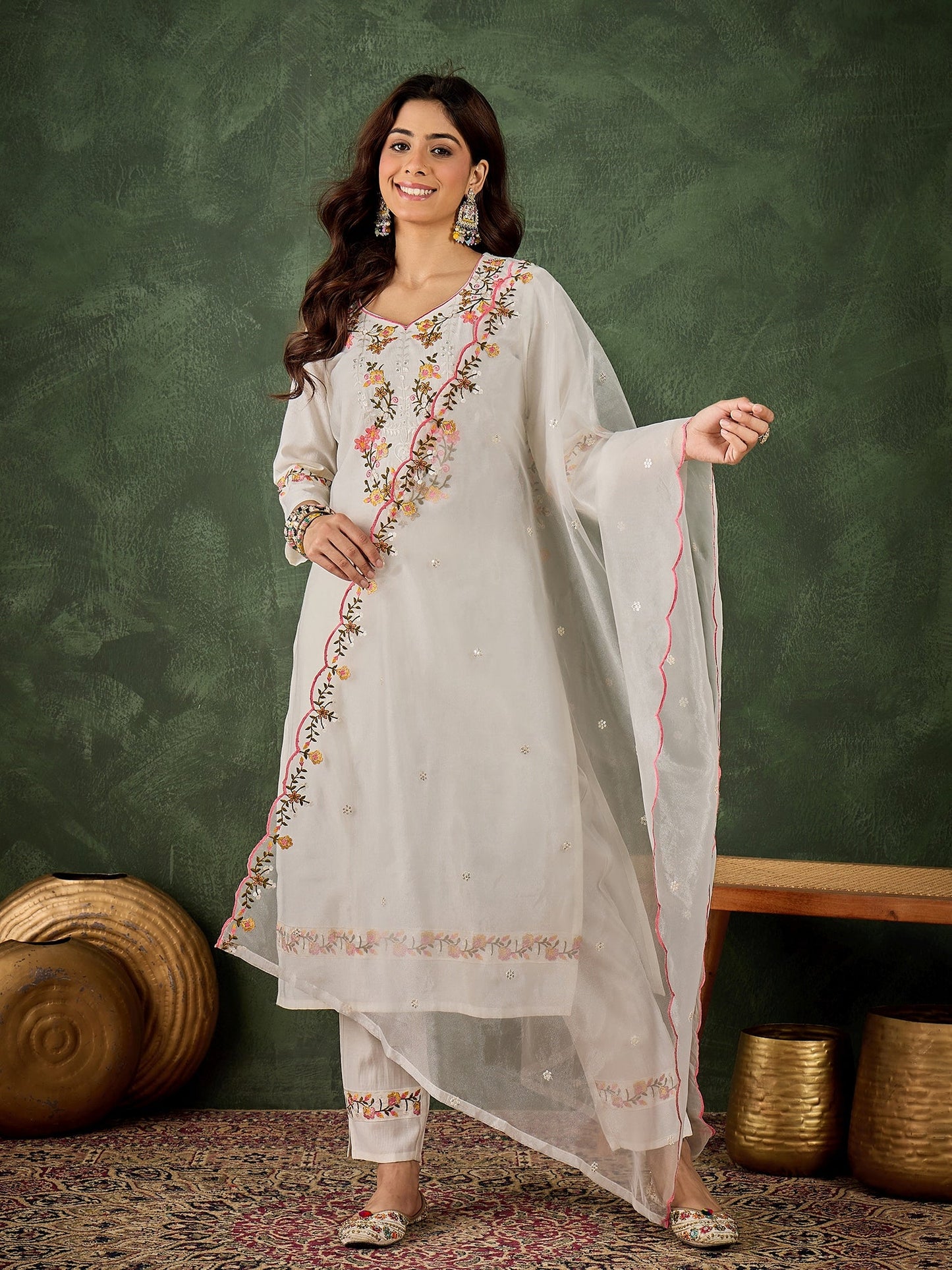 Malaika White Women Floral Embroidered Regular Kurta with Trousers & Dupatta Suit Sets - FitVibe Fashion