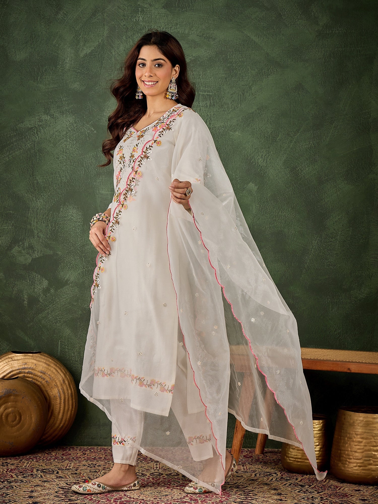 Malaika White Women Floral Embroidered Regular Kurta with Trousers & Dupatta Suit Sets - FitVibe Fashion