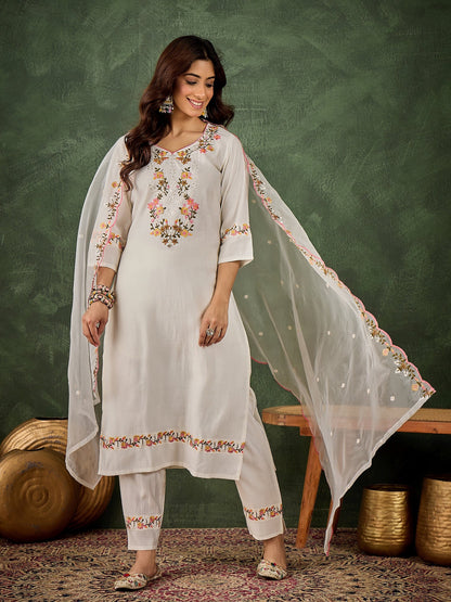 Malaika White Women Floral Embroidered Regular Kurta with Trousers & Dupatta Suit Sets - FitVibe Fashion