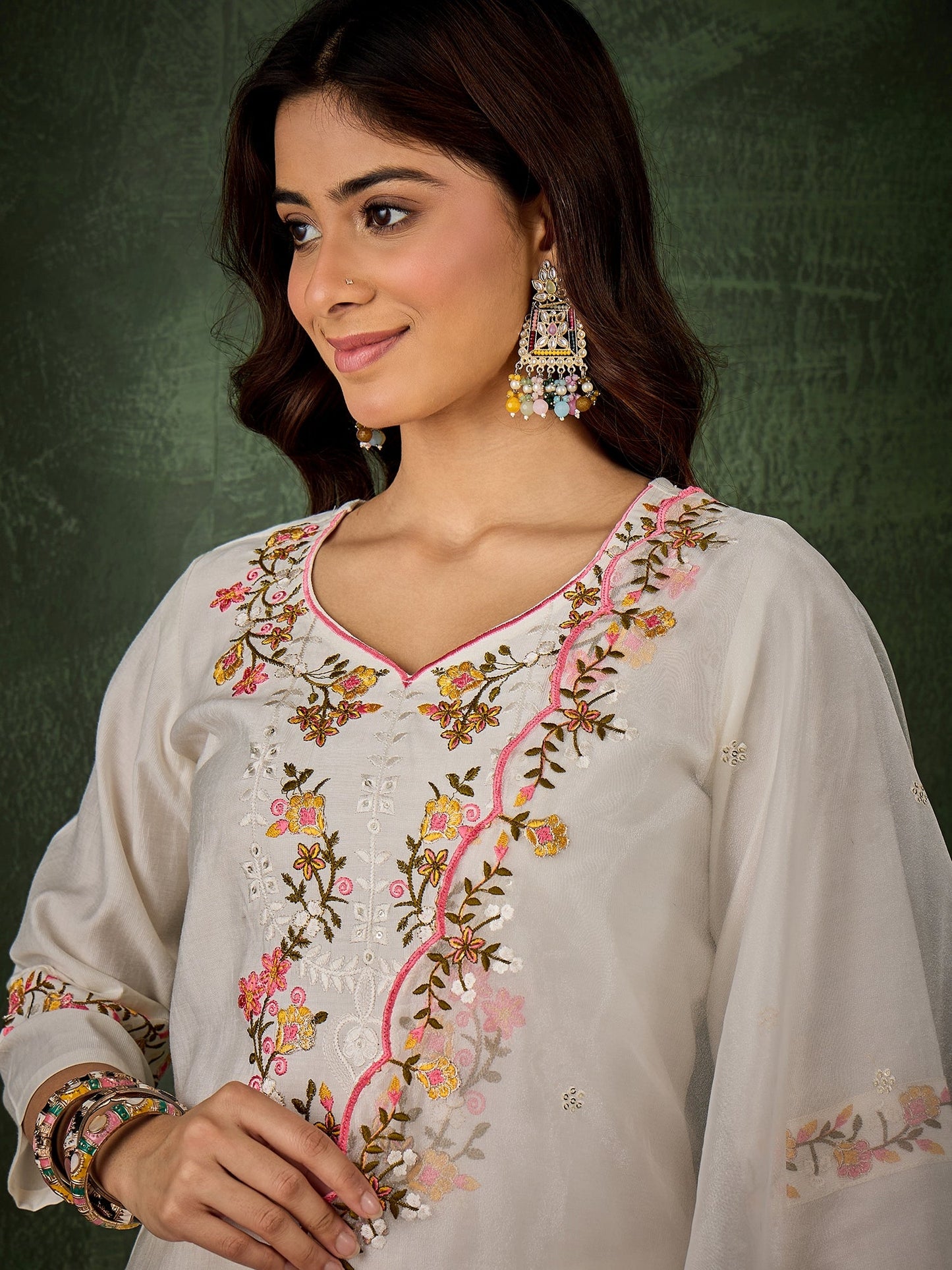 Malaika White Women Floral Embroidered Regular Kurta with Trousers & Dupatta Suit Sets - FitVibe Fashion