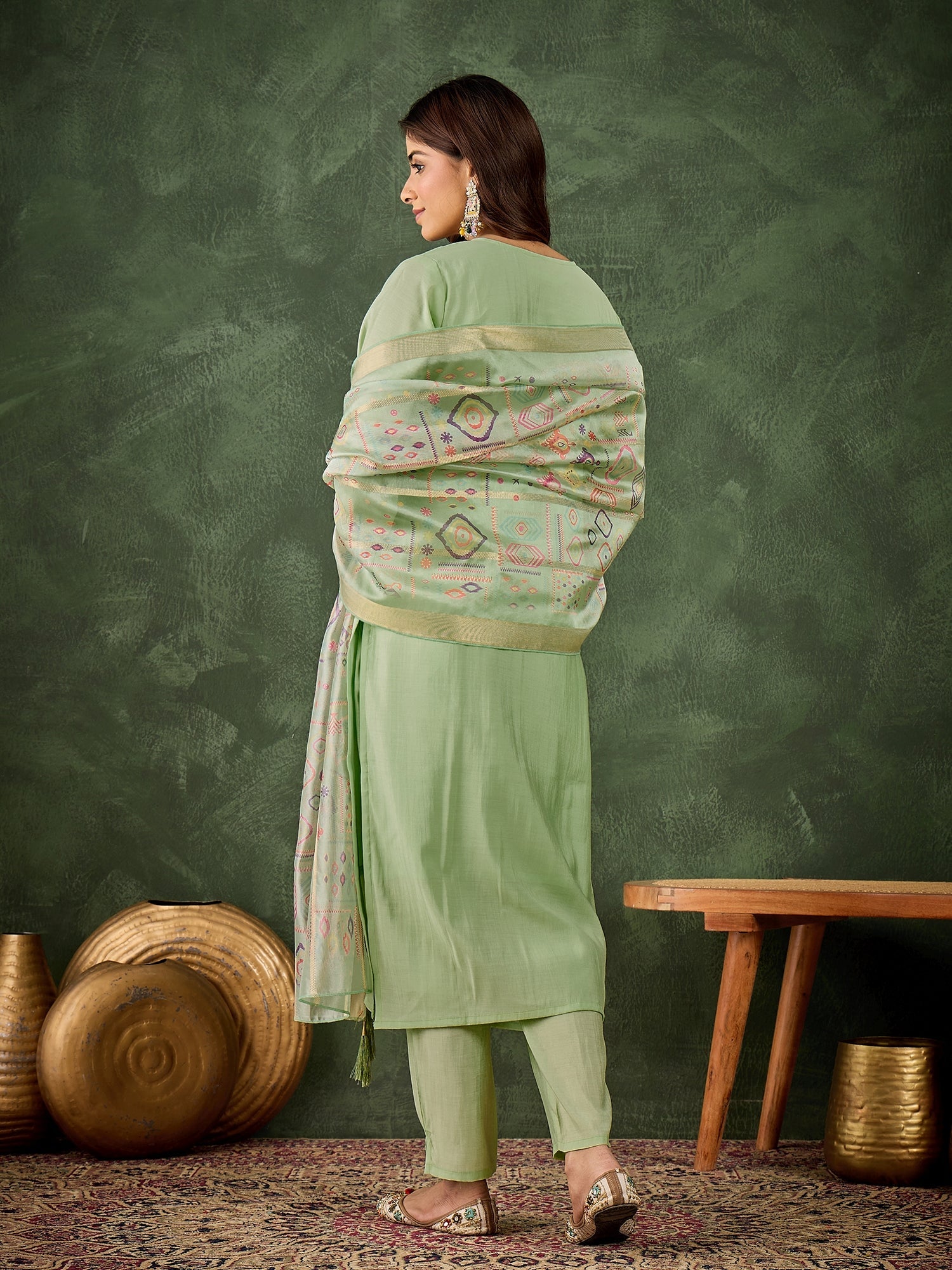 Vasant Women's Embroidered Sea Green Silk Blend Straight Suit Set with Dupatta - FitVibe Fashion