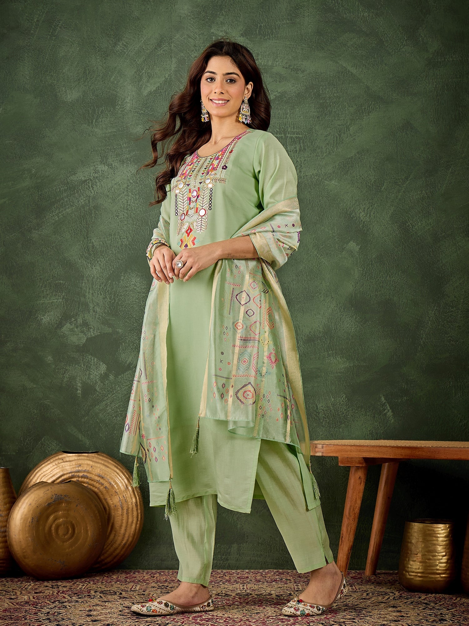 Vasant Women's Embroidered Sea Green Silk Blend Straight Suit Set with Dupatta - FitVibe Fashion