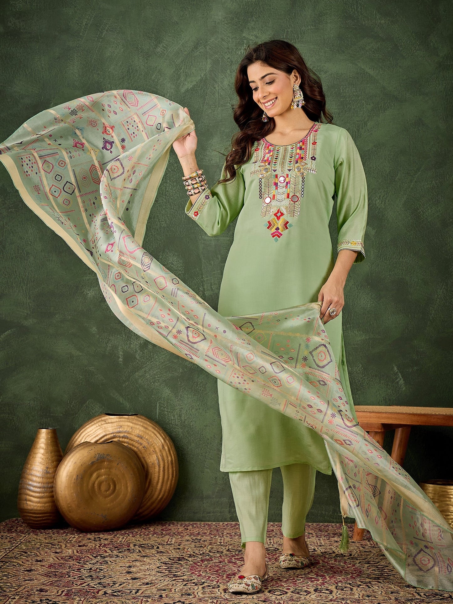 Vasant Women's Embroidered Sea Green Silk Blend Straight Suit Set with Dupatta - FitVibe Fashion
