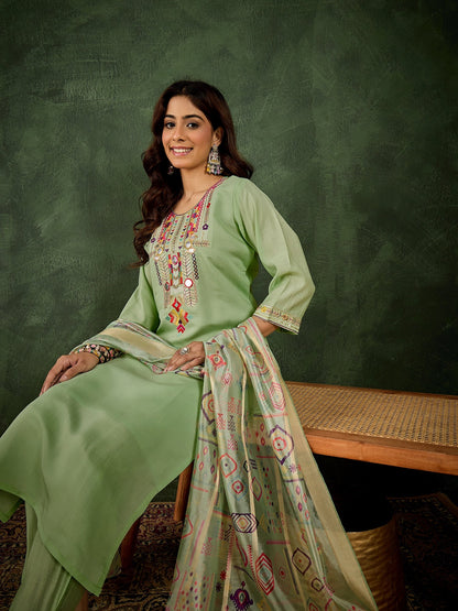 Vasant Women's Embroidered Sea Green Silk Blend Straight Suit Set with Dupatta - FitVibe Fashion