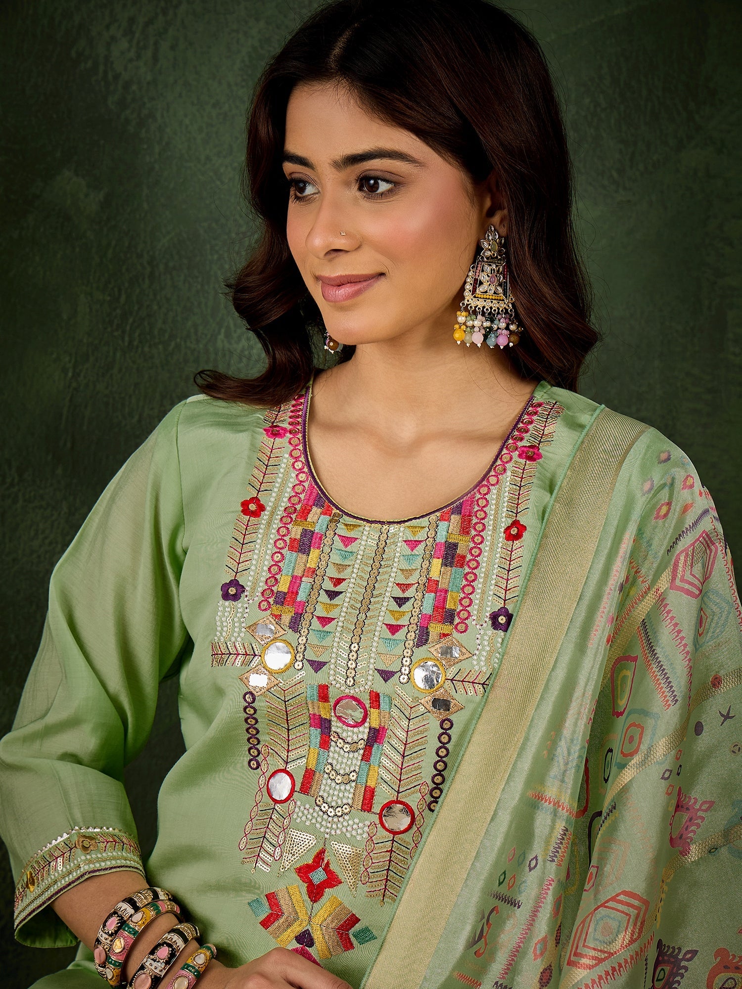 Vasant Women's Embroidered Sea Green Silk Blend Straight Suit Set with Dupatta - FitVibe Fashion