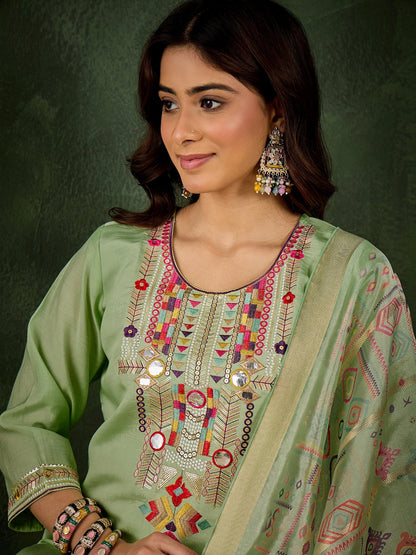 Vasant Women's Embroidered Sea Green Silk Blend Straight Suit Set with Dupatta - FitVibe Fashion