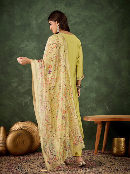 Vasant Women's Embroidered Yellow Silk Blend Straight Suit Set with Dupatta - FitVibe Fashion