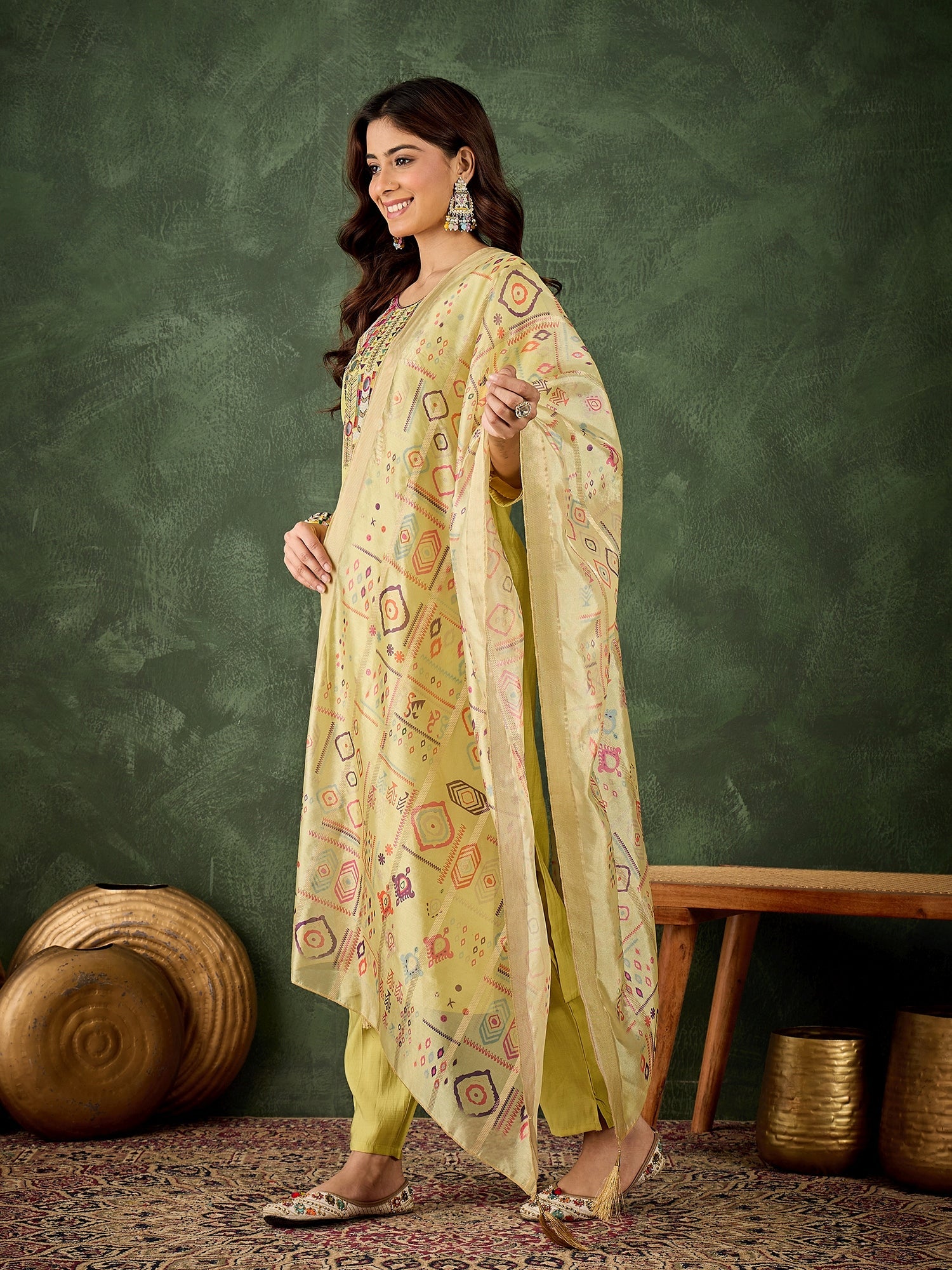 Vasant Women's Embroidered Yellow Silk Blend Straight Suit Set with Dupatta - FitVibe Fashion