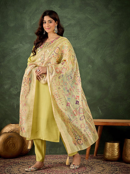 Vasant Women's Embroidered Yellow Silk Blend Straight Suit Set with Dupatta - FitVibe Fashion
