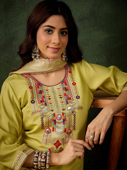 Vasant Women's Embroidered Yellow Silk Blend Straight Suit Set with Dupatta - FitVibe Fashion