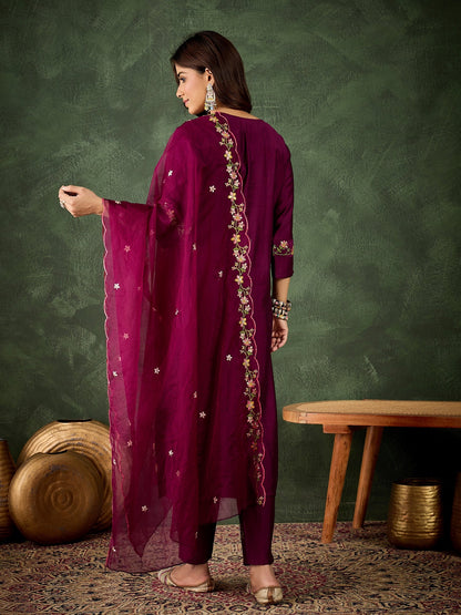 Malaika Purple Women Floral Embroidered Regular Kurta with Trousers & Dupatta Suits Sets - FitVibe Fashion