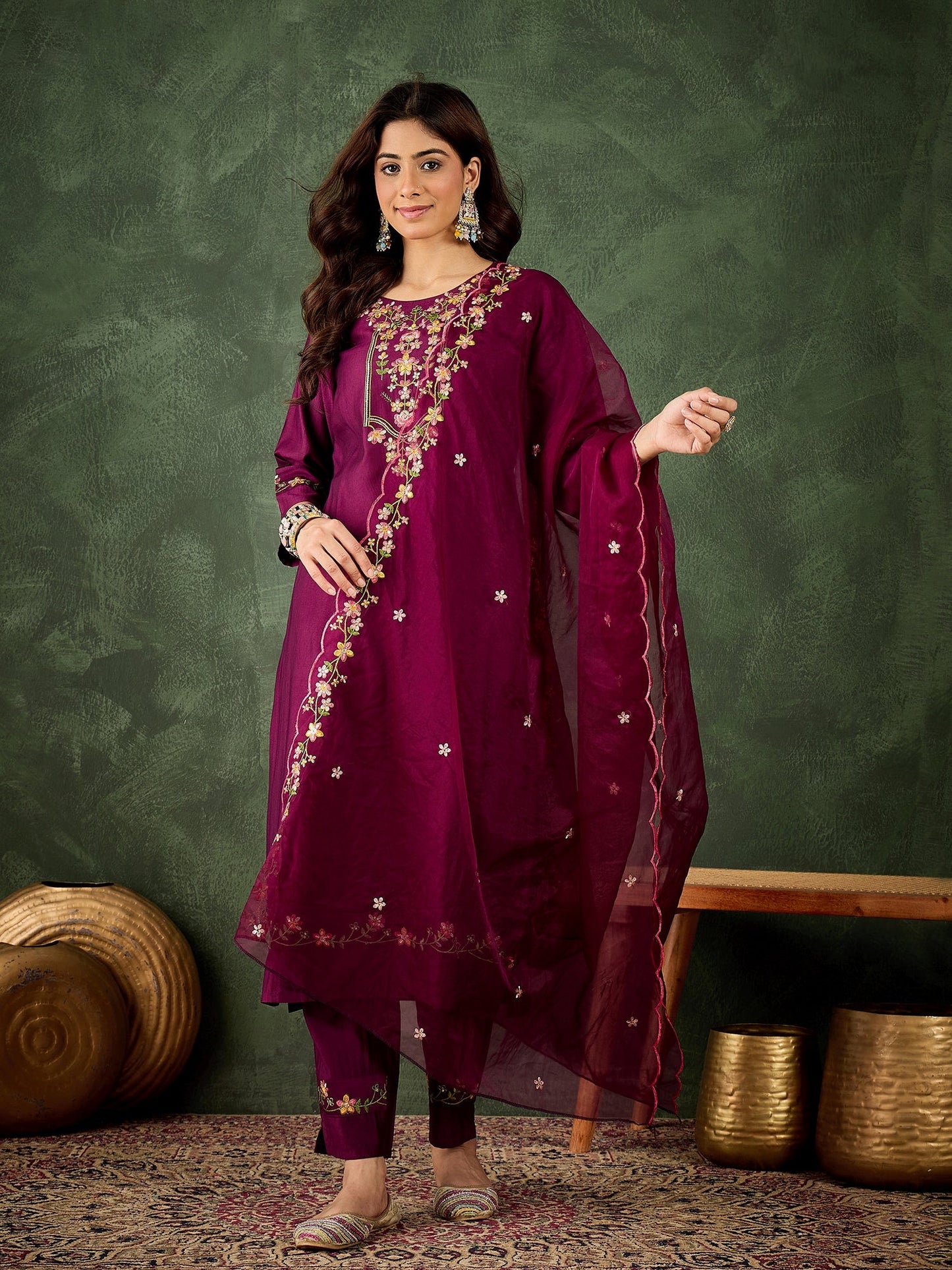 Malaika Purple Women Floral Embroidered Regular Kurta with Trousers & Dupatta Suits Sets - FitVibe Fashion