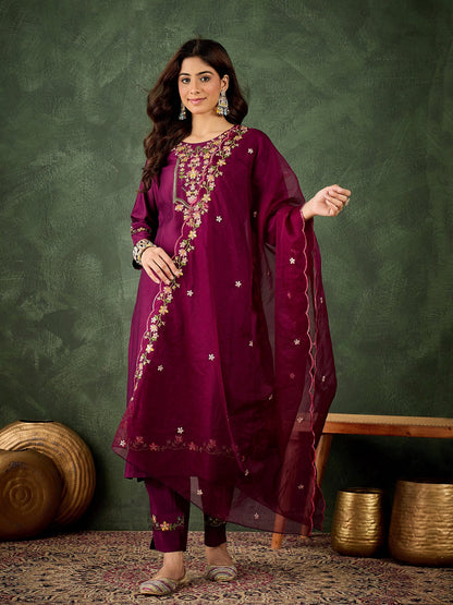 Malaika Purple Women Floral Embroidered Regular Kurta with Trousers & Dupatta Suits Sets - FitVibe Fashion