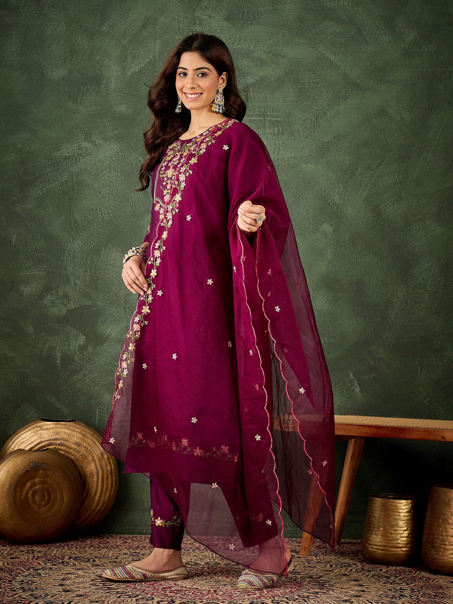 Malaika Purple Women Floral Embroidered Regular Kurta with Trousers & Dupatta Suits Sets - FitVibe Fashion