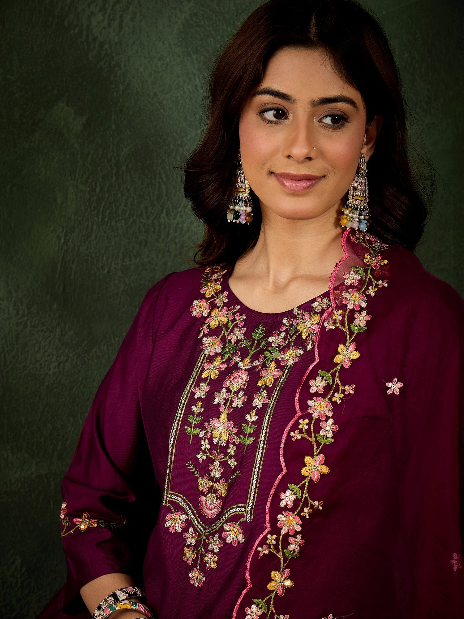 Malaika Purple Women Floral Embroidered Regular Kurta with Trousers & Dupatta Suits Sets - FitVibe Fashion