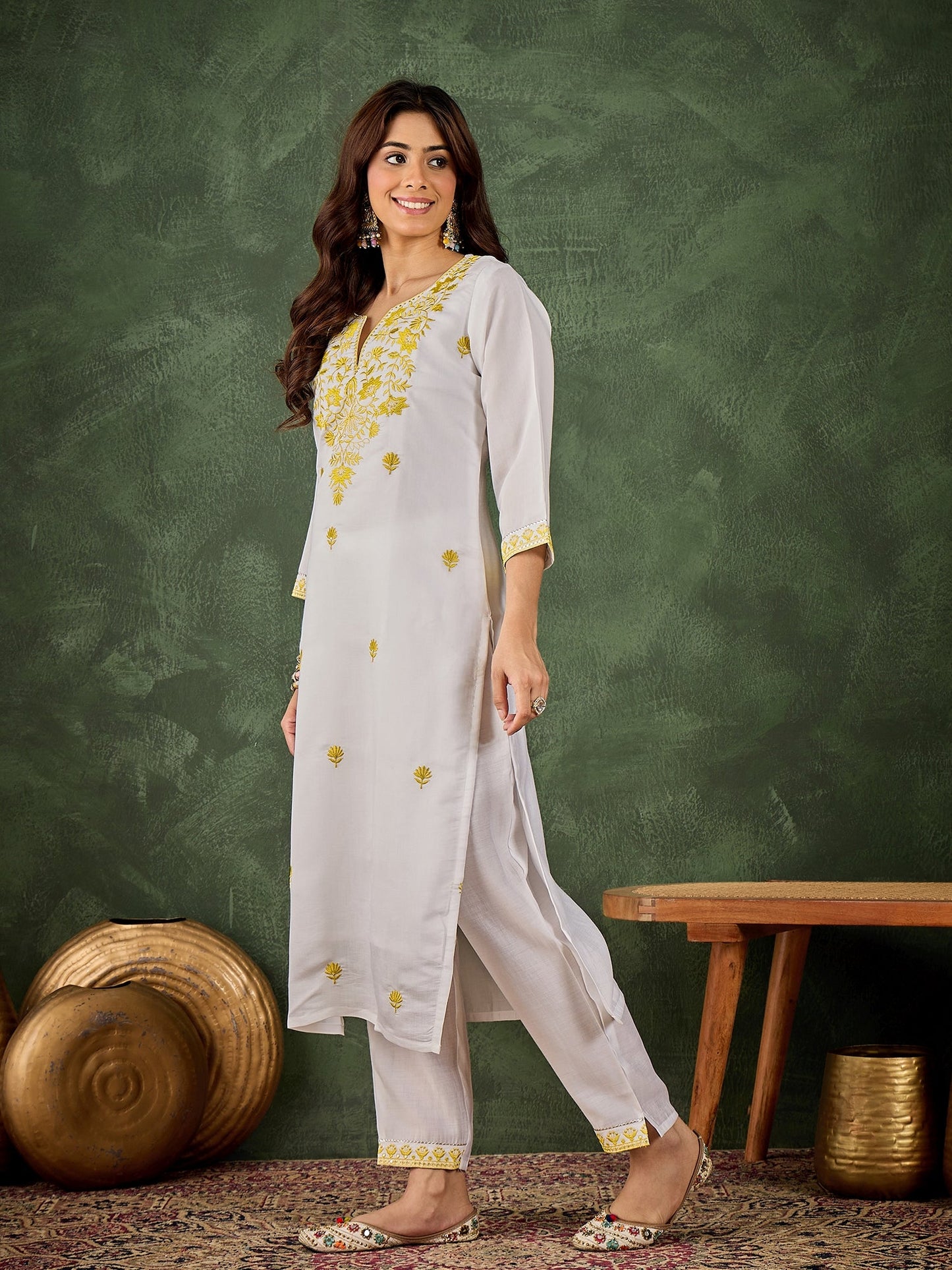 Rutu Women's Silk Blend Embroidered Straight Kurta & Pant Set - FitVibe Fashion