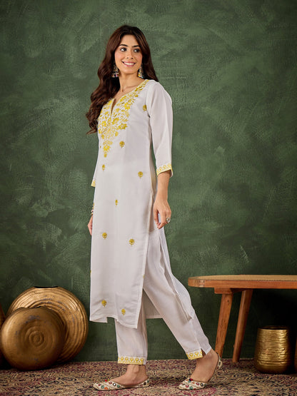 Rutu Women's Silk Blend Embroidered Straight Kurta & Pant Set - FitVibe Fashion
