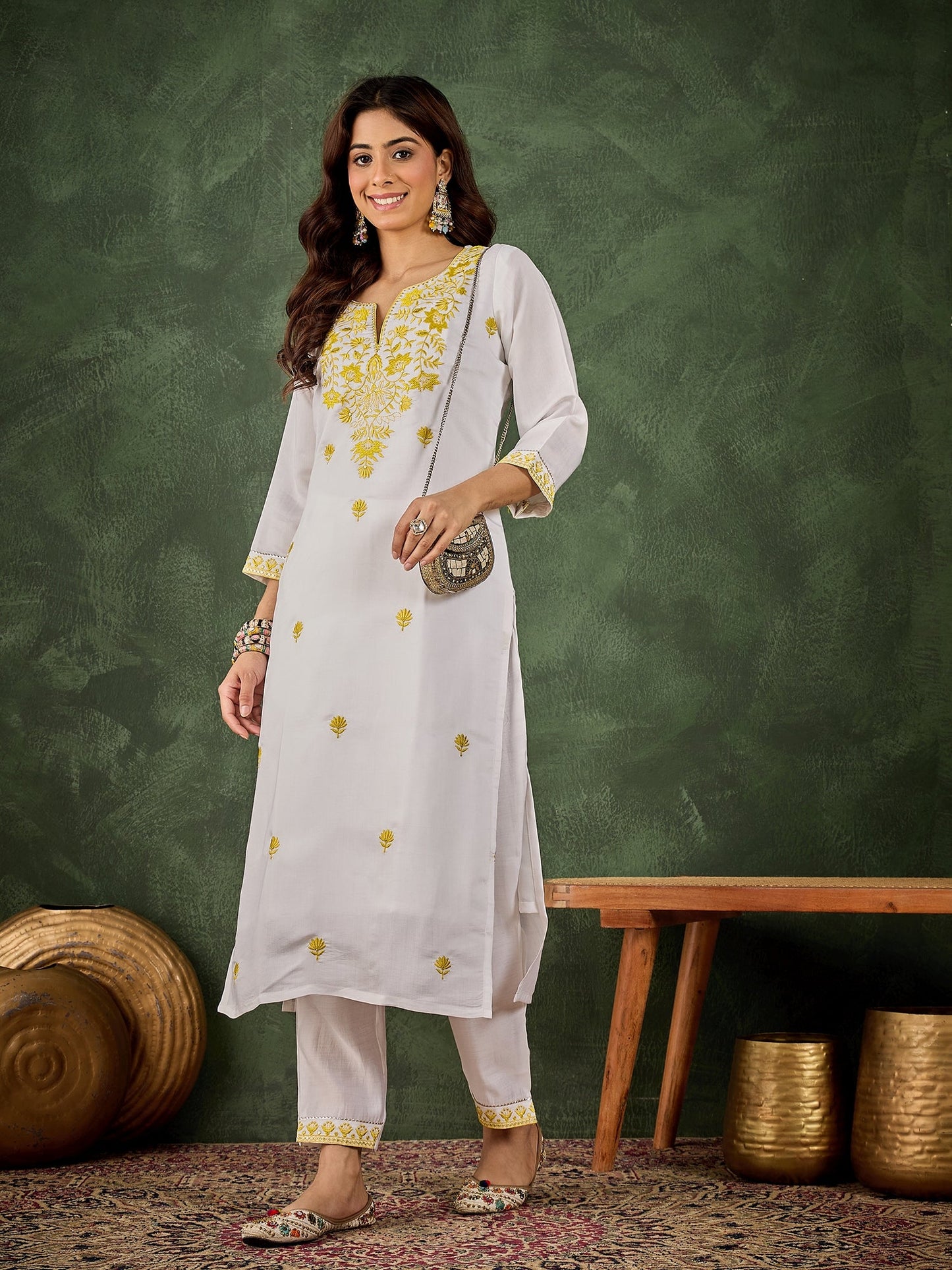 Rutu Women's Silk Blend Embroidered Straight Kurta & Pant Set - FitVibe Fashion