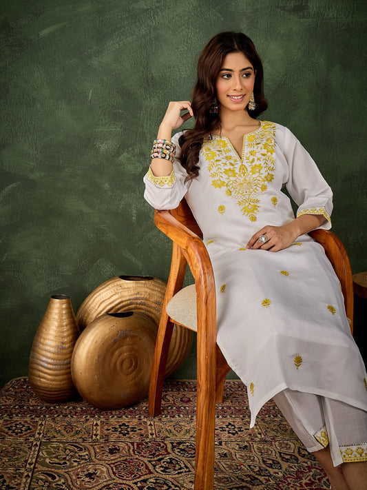 Rutu Women's Silk Blend Embroidered Straight Kurta & Pant Set - FitVibe Fashion