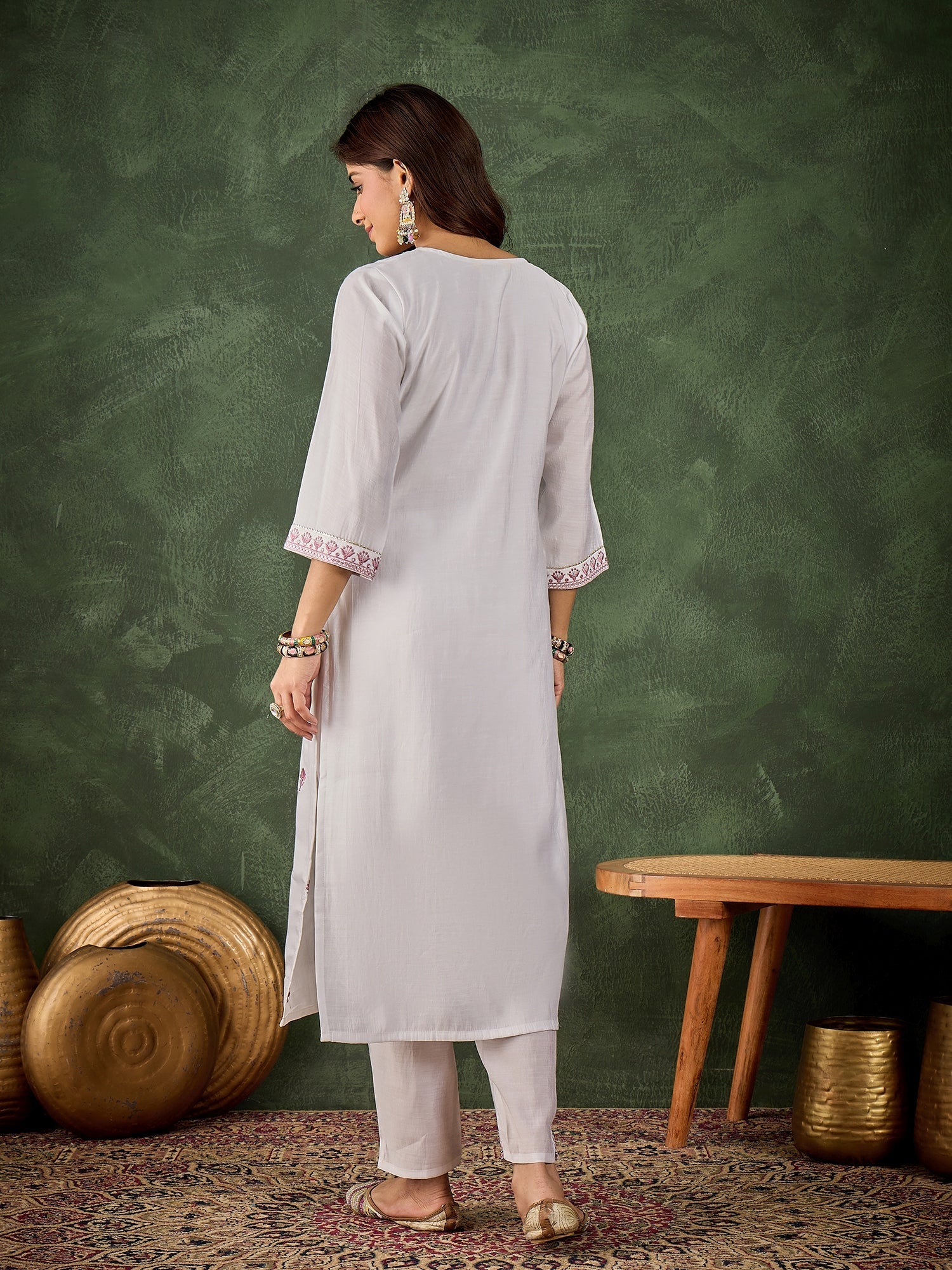 Rutu Women's Silk Blend Embroidered Straight Kurta & Pant Set - FitVibe Fashion